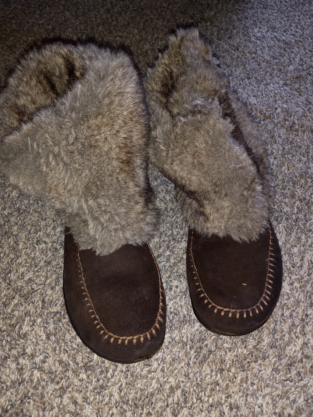 Women's Faux-Fur Trim Brown Suede-Look Slip-On Slippers